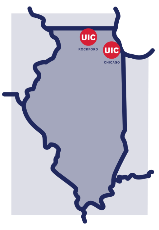Map of Illinois with UIC logos representing the Rockford and Chicago campuses