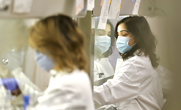 two graduate students work in the lab