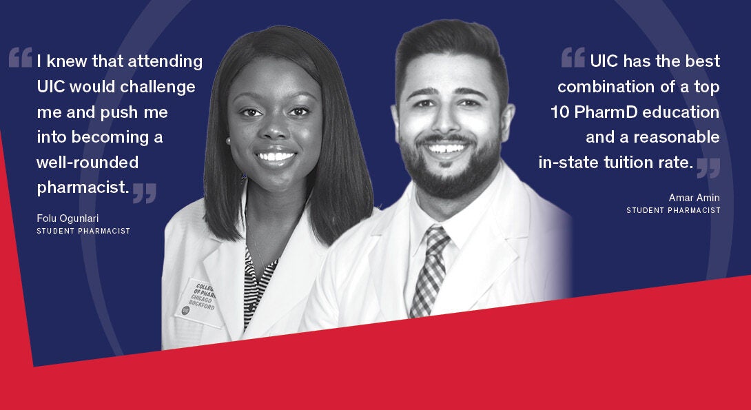 Two UIC student pharmacists pose in their white coats. 