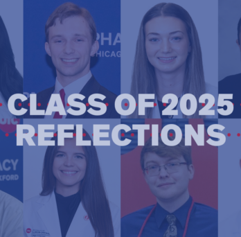 Eight faces of the Class of 2025 sit behind a translucent blue background with the words 