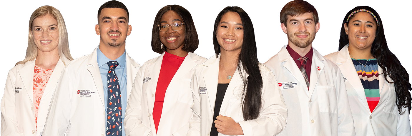 six UIC PharmD students with white coats